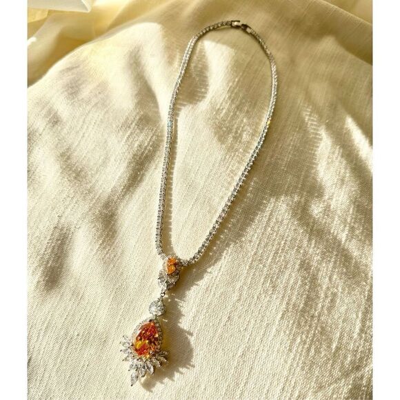 Double pear cut honey yellow canary cubic zirconia statement glamour necklace - Picture 1 of 5